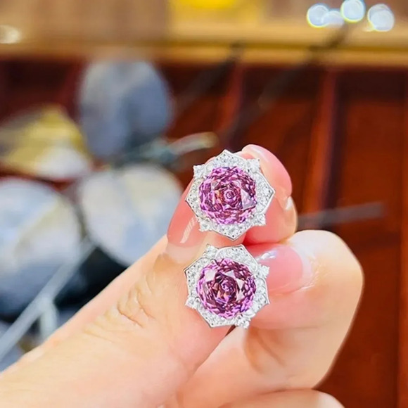 4CT Rose Purple Paris Sapphire Millennium Cut Luxury Stud Earrings 8MM - Picture 9 of 9